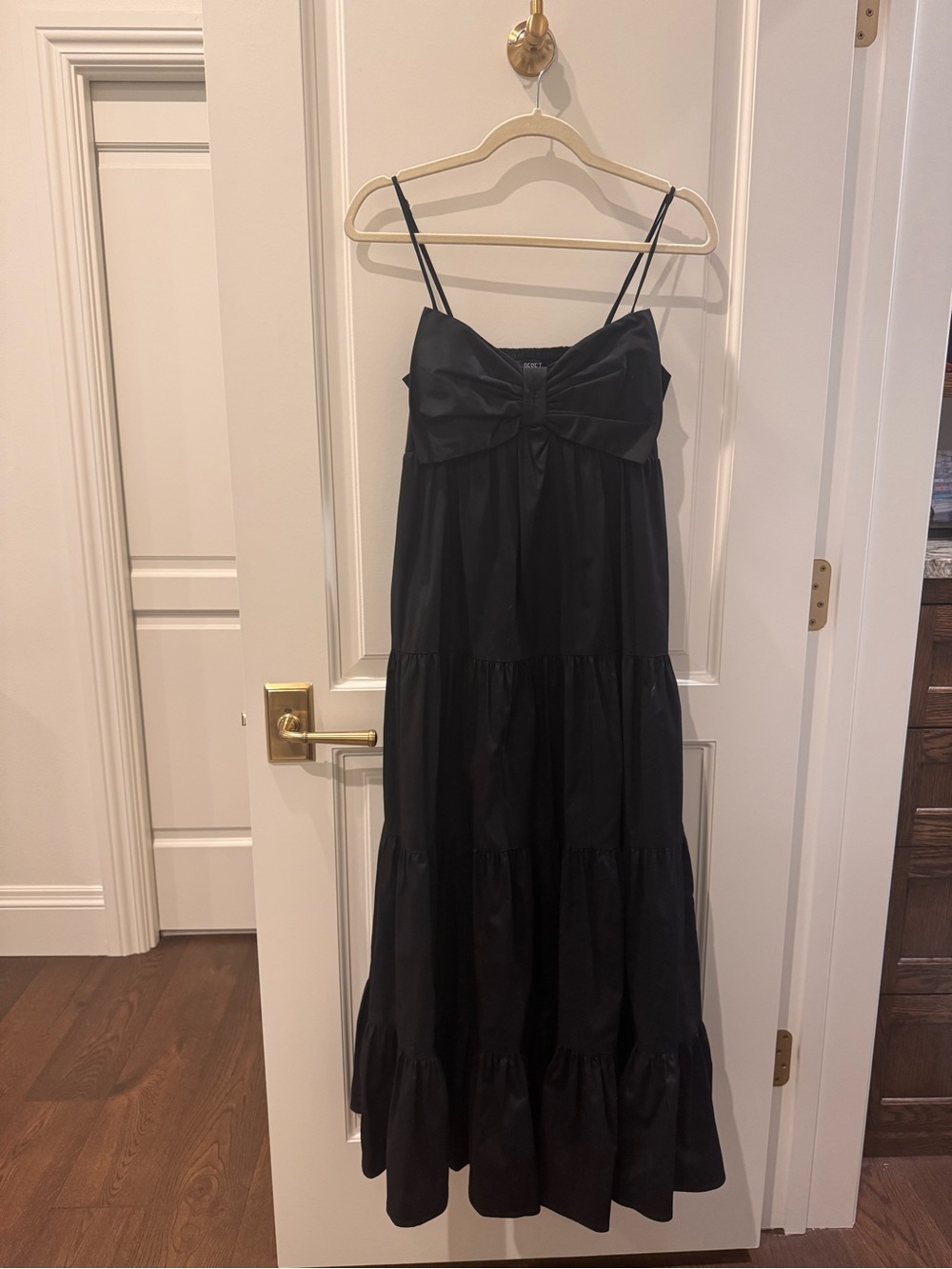 Black Bow-Front Spaghetti-Strap Tiered Maxi Dress